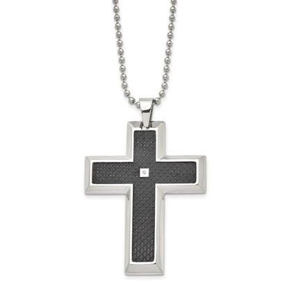Edelstahl Chisel Poliert mit Schwarz Karbon Faser Einlage.0.1 Karat Diamant Kreuz Anhänger auf A 24 Zoll Kugel Halskette