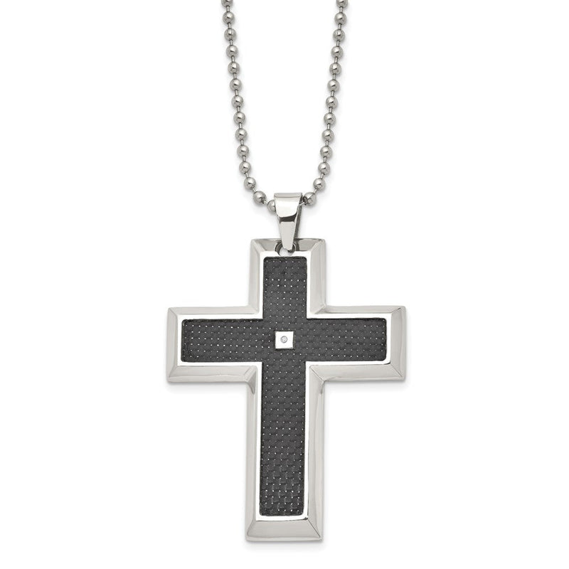 Edelstahl Chisel Poliert mit Schwarz Karbon Faser Einlage.0.1 Karat Diamant Kreuz Anhänger auf A 24 Zoll Kugel Halskette