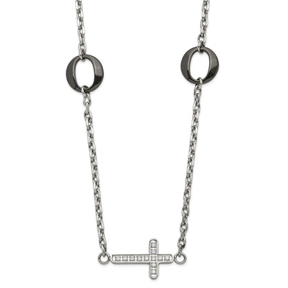 Edelstahl & Schwarz Keramik Poliert Seitlich Zirkonia Kreuz Halskette