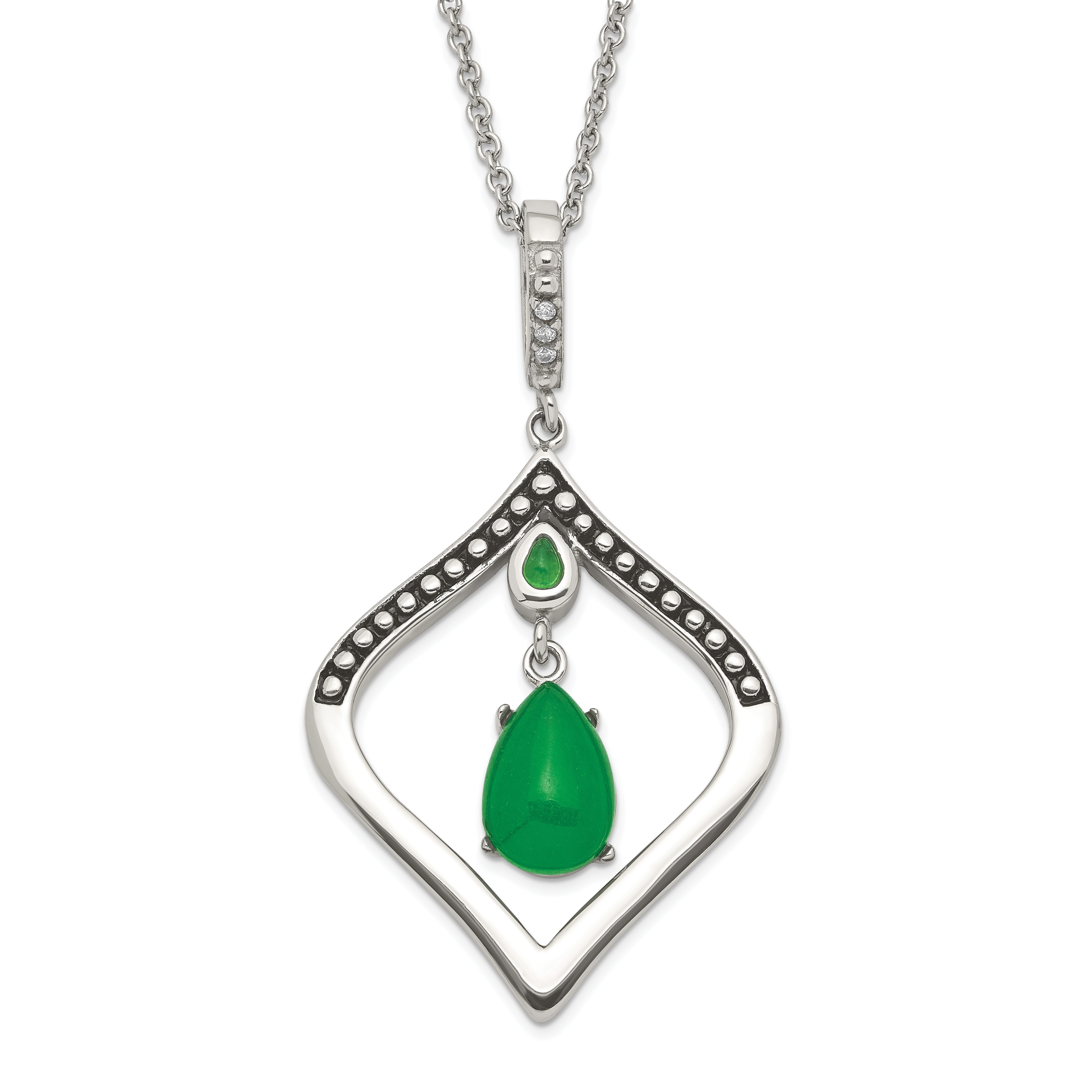 Edelstahl Poliert & Antikisiert Synthetisch Dyed Jade Zirkonia mit 2 Zoll Verlängerung. Halskette