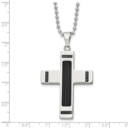 Edelstahl Chisel Poliert Schwarz Ip-beschichtet 1/10 Karat Diamant Kreuz Anhänger auf A 24 Zoll Kugel Halskette