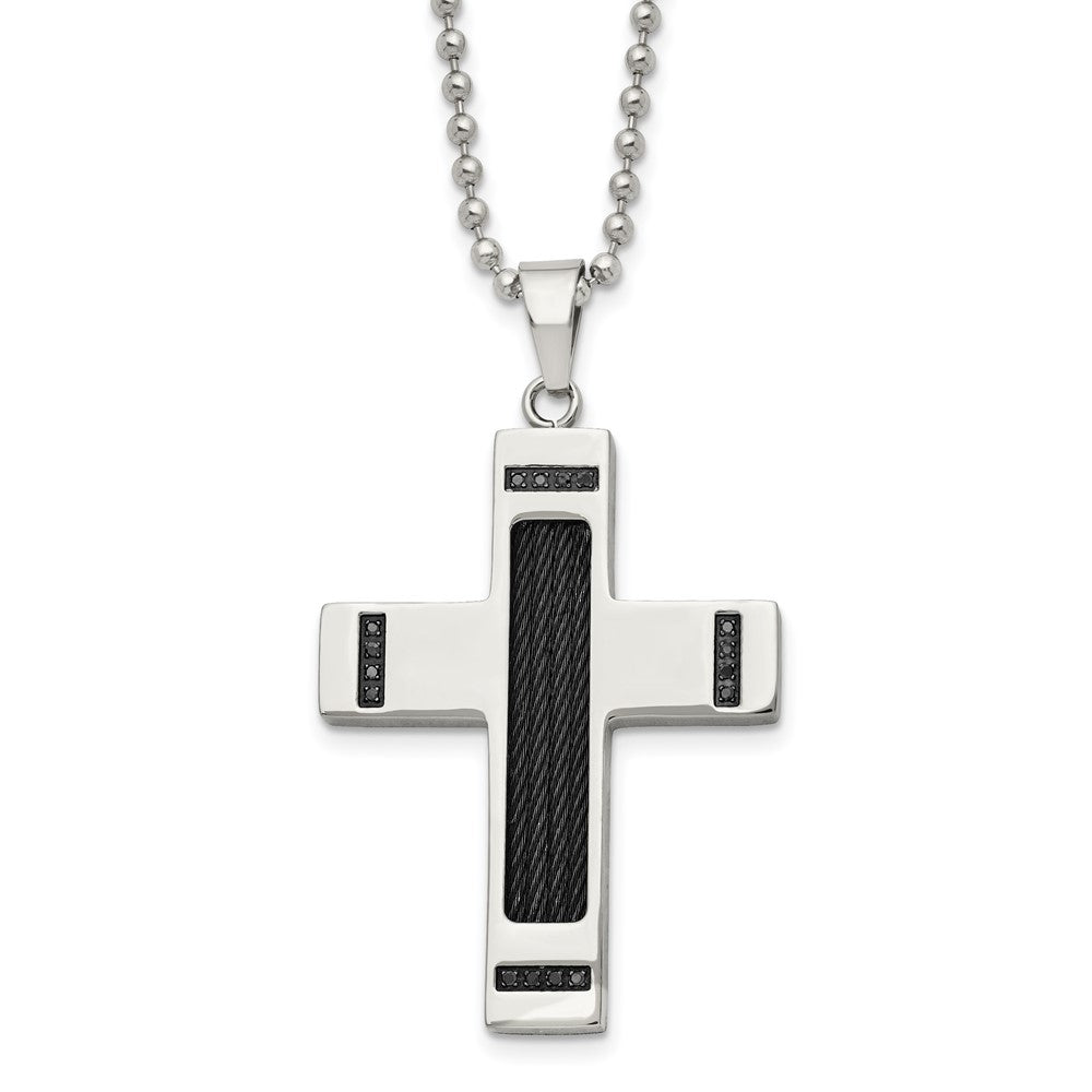 Edelstahl Chisel Poliert Schwarz Ip-beschichtet 1/10 Karat Diamant Kreuz Anhänger auf A 24 Zoll Kugel Halskette