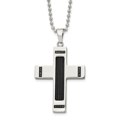 Edelstahl Chisel Poliert Schwarz Ip-beschichtet 1/10 Karat Diamant Kreuz Anhänger auf A 24 Zoll Kugel Halskette