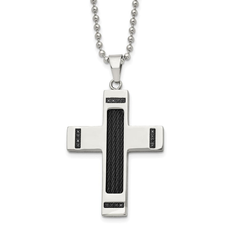 Edelstahl Chisel Poliert Schwarz Ip-beschichtet 1/10 Karat Diamant Kreuz Anhänger auf A 24 Zoll Kugel Halskette