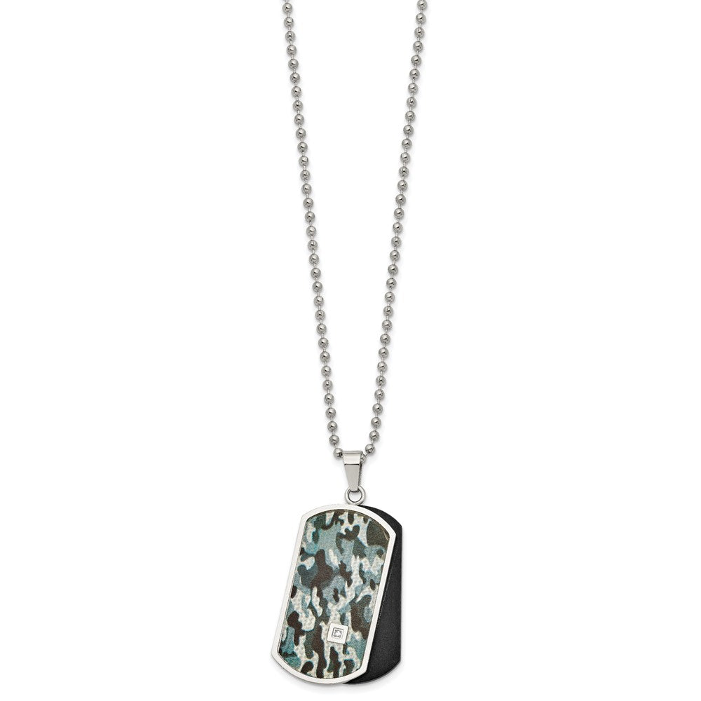 Edelstahl Chisel Poliert Schwarz Ip-beschichtet und Camo Emaille Mit.015 Karat Diamant Doppelt Erkennungsmarke auf A 24 Zoll Kugel Halskette
