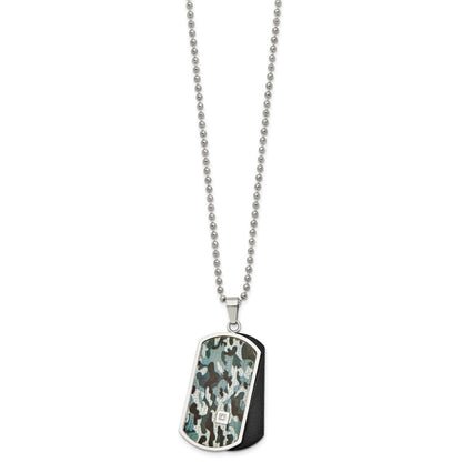 Edelstahl Chisel Poliert Schwarz Ip-beschichtet und Camo Emaille Mit.015 Karat Diamant Doppelt Erkennungsmarke auf A 24 Zoll Kugel Halskette