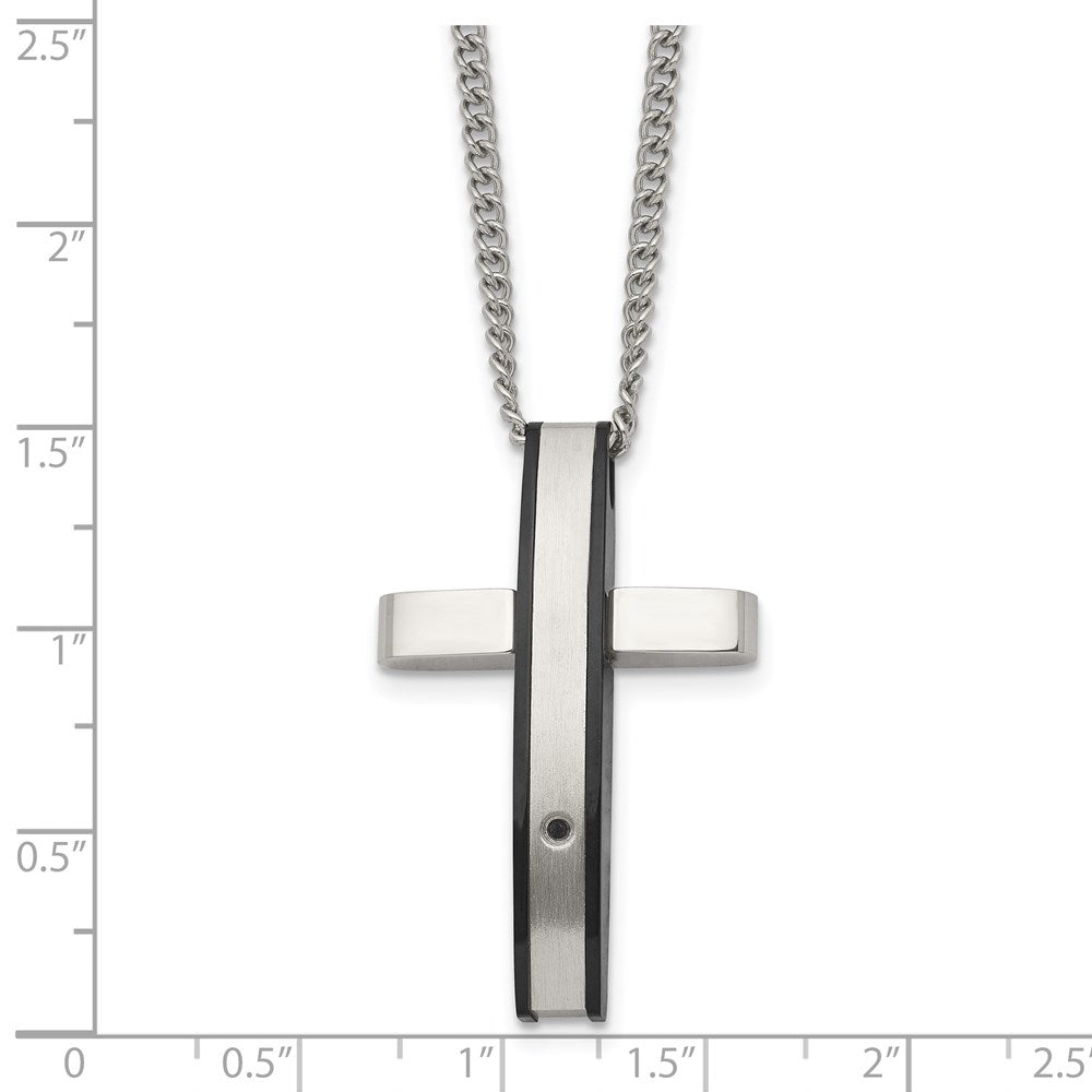 Edelstahl Chisel Poliert Schwarz Ip-beschichtet.01 Karat Diamant Kreuz Anhänger auf A 24 Zoll Panzer Halskette