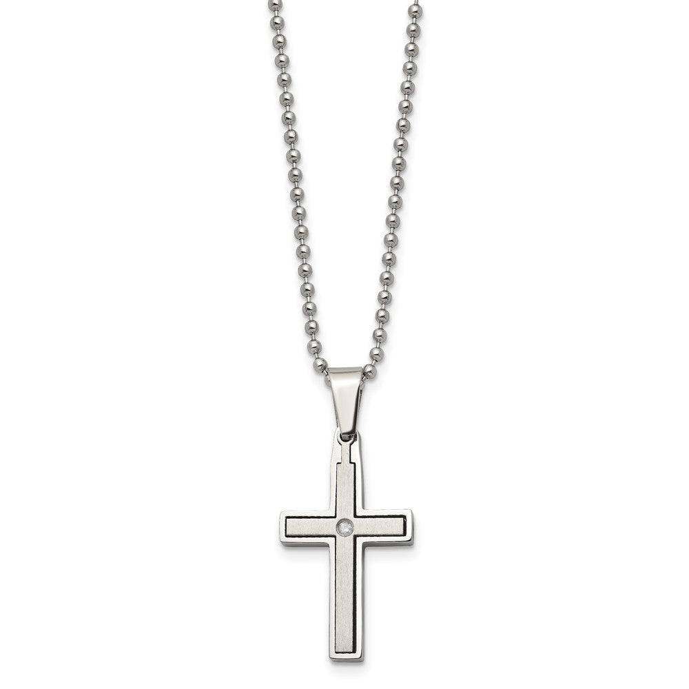 Edelstahl Chisel Gebürstet und Poliert.03 Karat Diamant Kreuz Anhänger auf A 22 Zoll Kugel Halskette