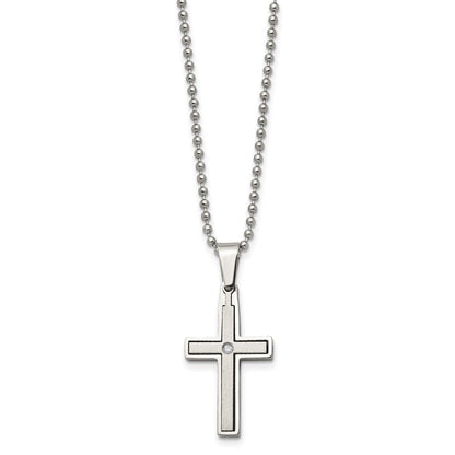 Edelstahl Chisel Gebürstet und Poliert.03 Karat Diamant Kreuz Anhänger auf A 22 Zoll Kugel Halskette