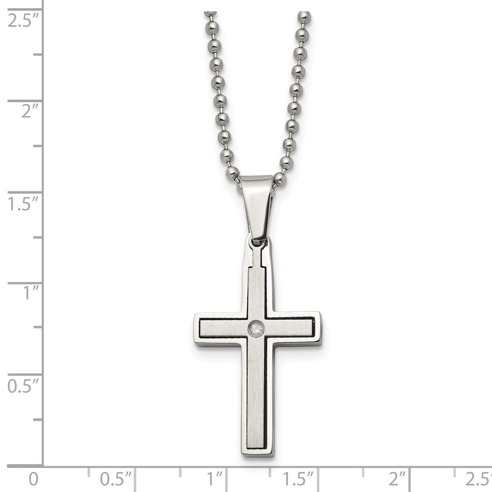 Edelstahl Chisel Gebürstet und Poliert.03 Karat Diamant Kreuz Anhänger auf A 22 Zoll Kugel Halskette