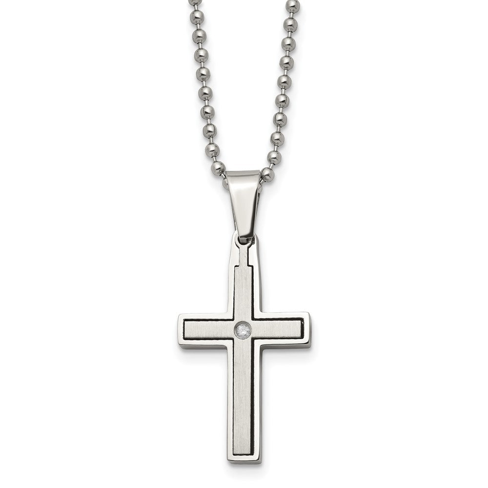 Edelstahl Chisel Gebürstet und Poliert.03 Karat Diamant Kreuz Anhänger auf A 22 Zoll Kugel Halskette