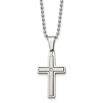 Edelstahl Chisel Gebürstet und Poliert.03 Karat Diamant Kreuz Anhänger auf A 22 Zoll Kugel Halskette