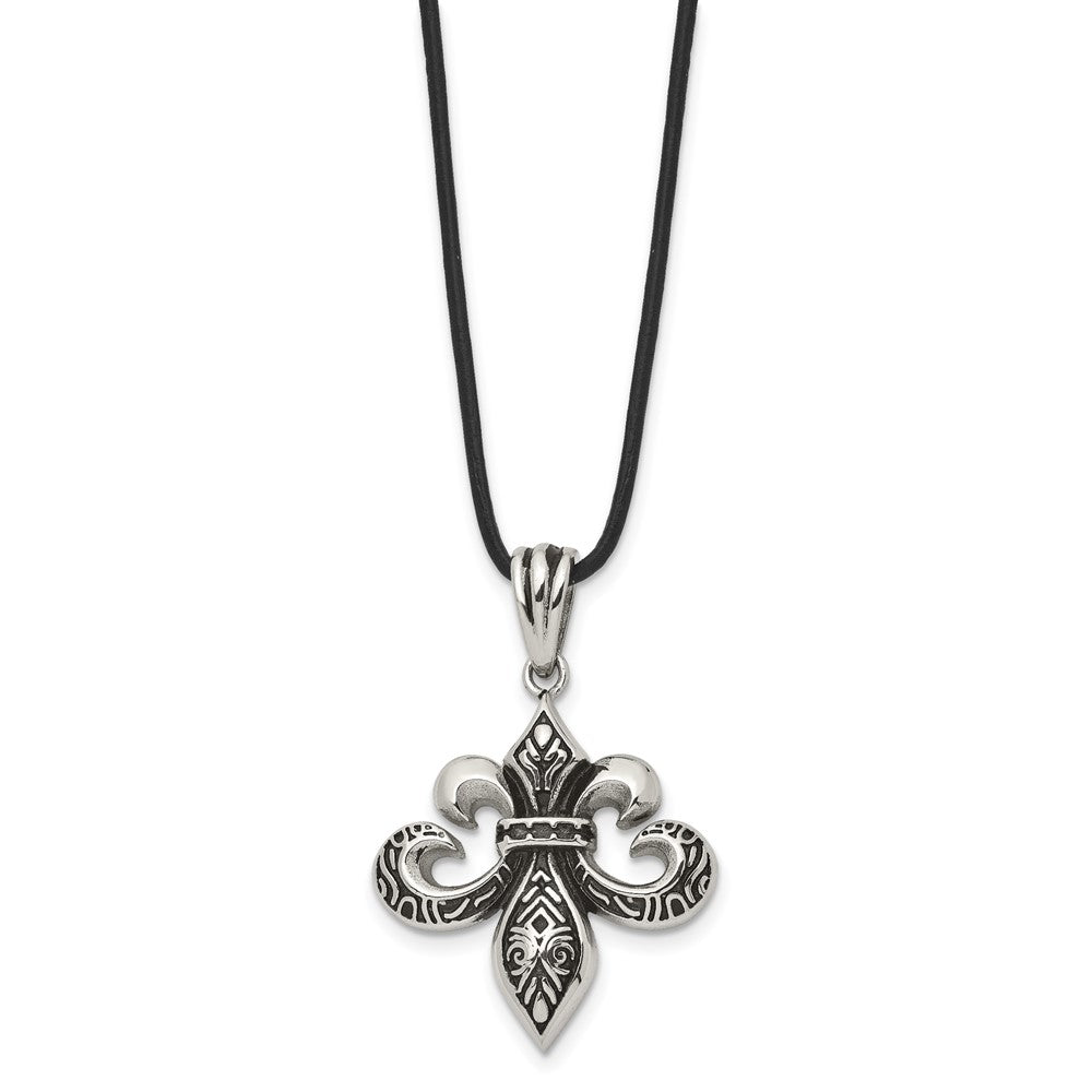 Edelstahl Chisel Antikisiert und Poliert Fleur De Lis Anhänger auf A 20 Zoll Leder Kordel Halskette