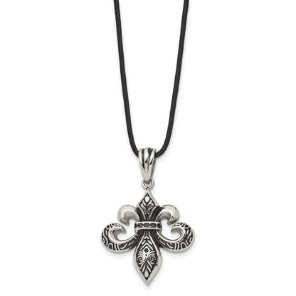Edelstahl Chisel Antikisiert und Poliert Fleur De Lis Anhänger auf A 20 Zoll Leder Kordel Halskette