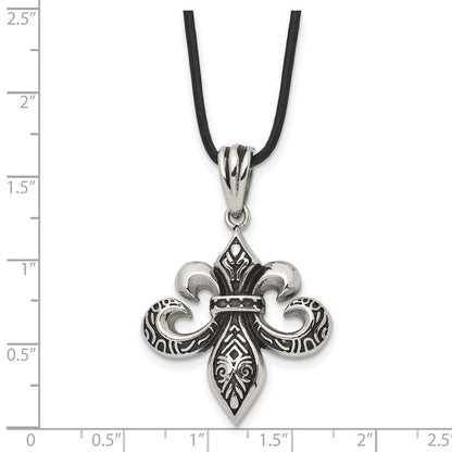 Edelstahl Chisel Antikisiert und Poliert Fleur De Lis Anhänger auf A 20 Zoll Leder Kordel Halskette