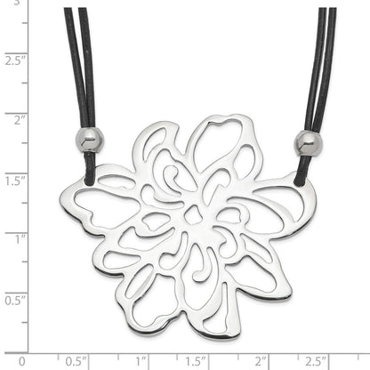 Edelstahl Poliert Blume mit Schwarz Leder Kordel Halskette