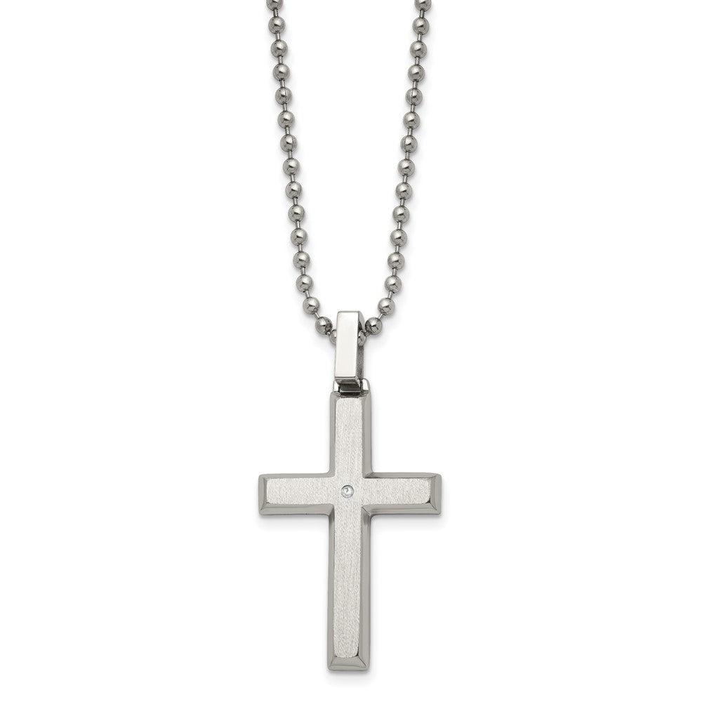 Edelstahl Chisel Gebürstet und Poliert.01 Karat Diamant Kreuz Anhänger auf A 22 Zoll Kugel Halskette