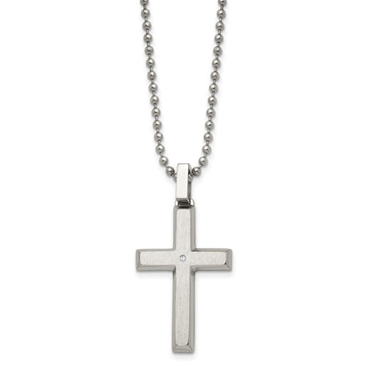 Edelstahl Chisel Gebürstet und Poliert.01 Karat Diamant Kreuz Anhänger auf A 22 Zoll Kugel Halskette