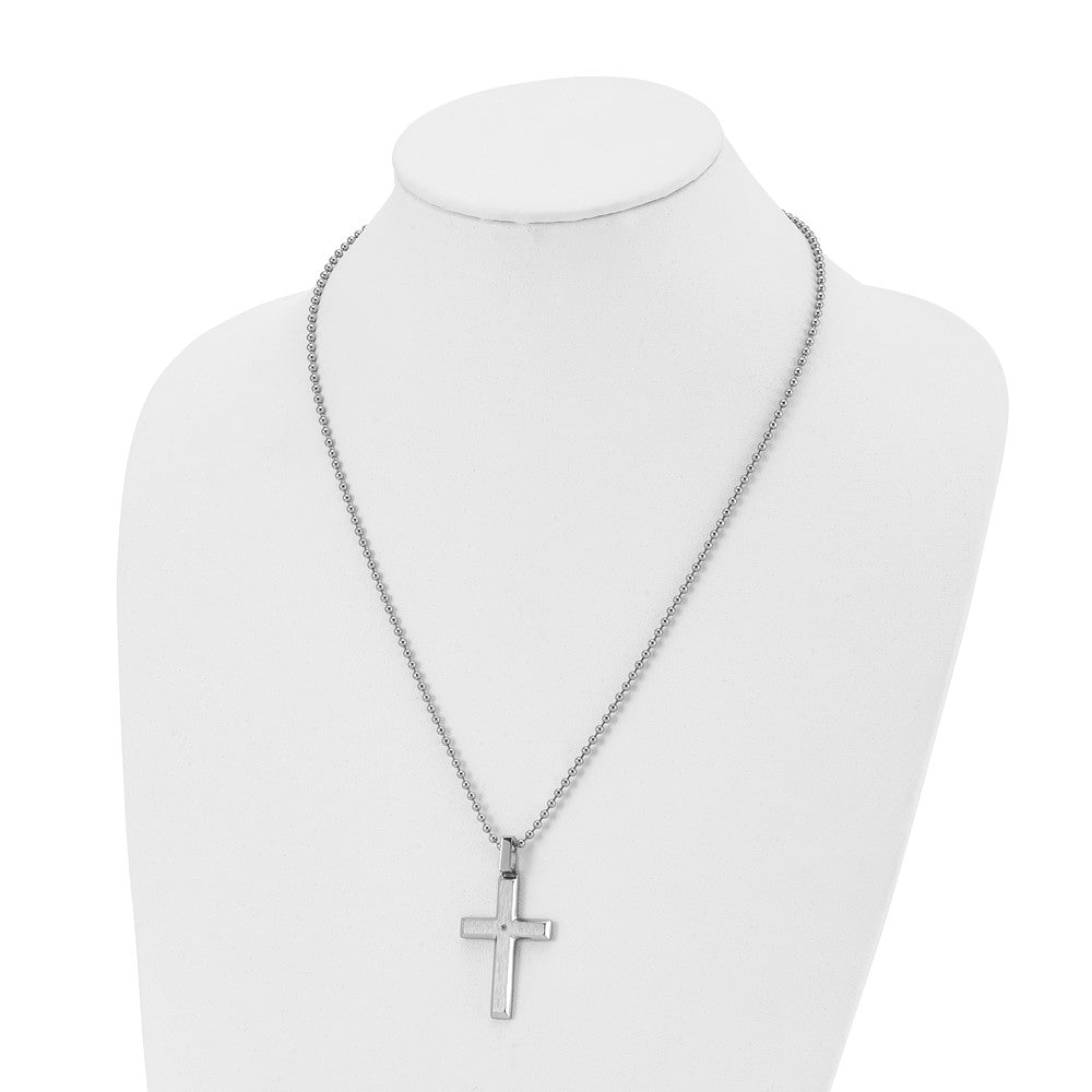 Edelstahl Chisel Gebürstet und Poliert.01 Karat Diamant Kreuz Anhänger auf A 22 Zoll Kugel Halskette