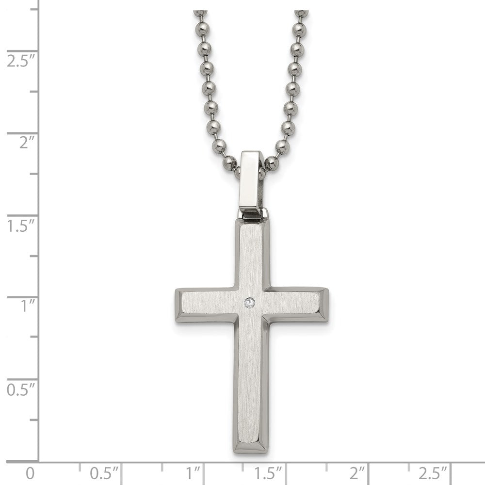 Edelstahl Chisel Gebürstet und Poliert.01 Karat Diamant Kreuz Anhänger auf A 22 Zoll Kugel Halskette