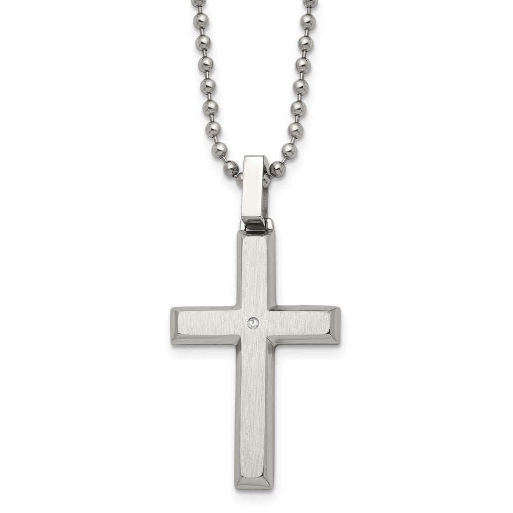 Edelstahl Chisel Gebürstet und Poliert.01 Karat Diamant Kreuz Anhänger auf A 22 Zoll Kugel Halskette