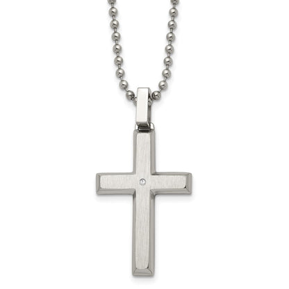 Edelstahl Chisel Gebürstet und Poliert.01 Karat Diamant Kreuz Anhänger auf A 22 Zoll Kugel Halskette
