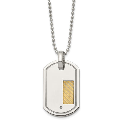 Edelstahl Chisel Poliert mit 18K Gold Akzente.01 Karat Diamant Erkennungsmarke auf A 24 Zoll Kugel Halskette
