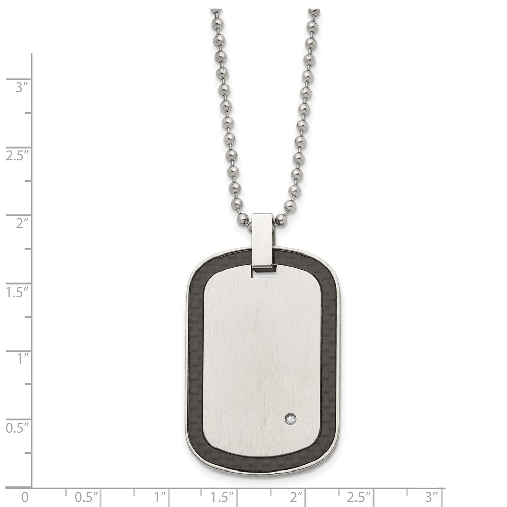 Edelstahl Chisel Gebürstet mit Schwarz Karbon Faser Einlage Edges Und.01carat Diamant Erkennungsmarke auf A 24 Zoll Kugel Halskette