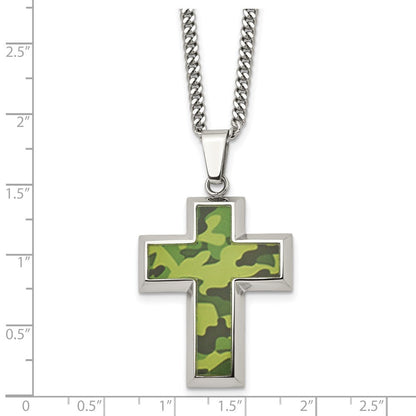 Edelstahl Chisel Poliert Printed Grün Camo Under Gummi Kreuz Anhänger auf A 22 Zoll Panzer Halskette