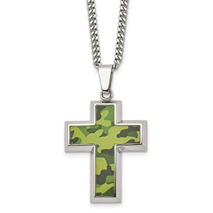 Edelstahl Chisel Poliert Printed Grün Camo Under Gummi Kreuz Anhänger auf A 22 Zoll Panzer Halskette