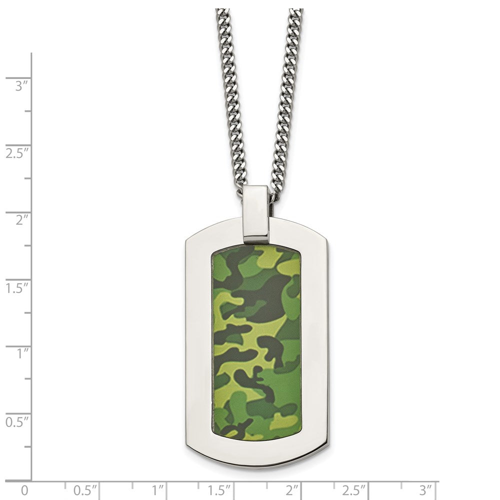 Edelstahl Chisel Poliert Printed Grün Camo Under Gummi Erkennungsmarke auf A 22 Zoll Ankerkette Halskette