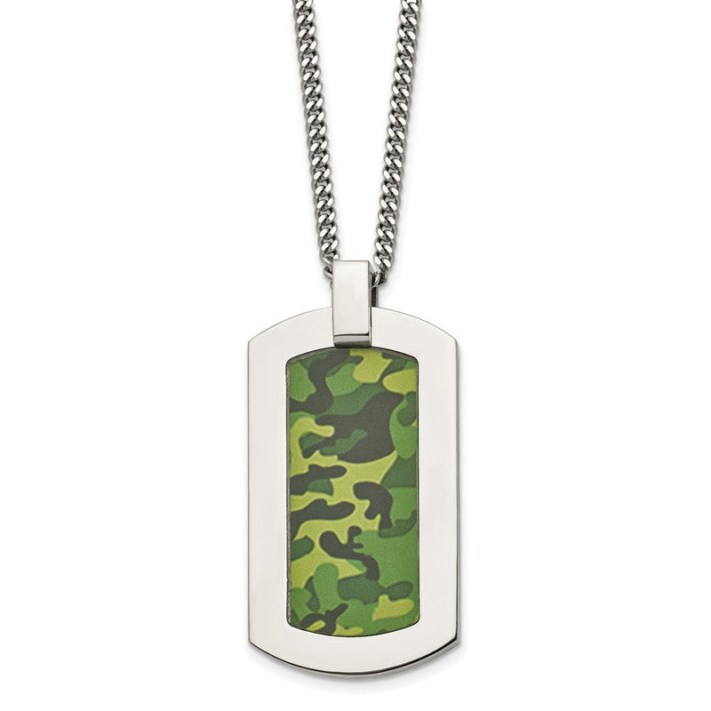 Edelstahl Chisel Poliert Printed Grün Camo Under Gummi Erkennungsmarke auf A 22 Zoll Ankerkette Halskette