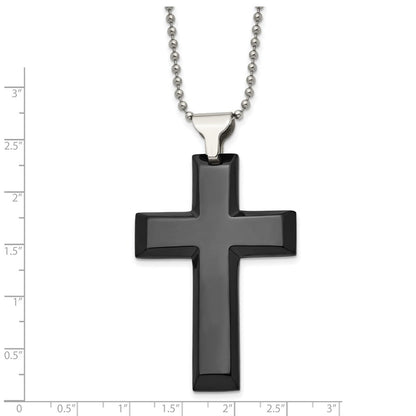 Edelstahl Chisel Poliert Schwarz Ip-beschichtet Groß Kreuz Anhänger auf A 24 Zoll Kugel Halskette
