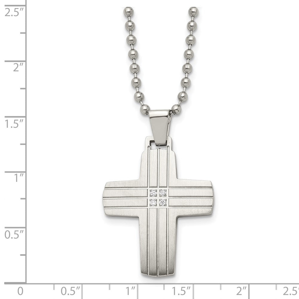 Edelstahl Chisel Gebürstet und Poliert mit Zirkonia Gerillt Kreuz Anhänger auf A 22 Zoll Kugel Halskette