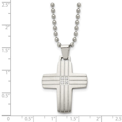 Edelstahl Chisel Gebürstet und Poliert mit Zirkonia Gerillt Kreuz Anhänger auf A 22 Zoll Kugel Halskette
