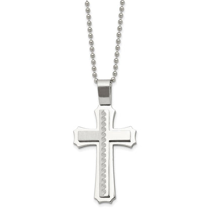 Edelstahl Chisel Gebürstet und Poliert Wirbel Design Kreuz Anhänger auf A 24 Zoll Kugel Halskette