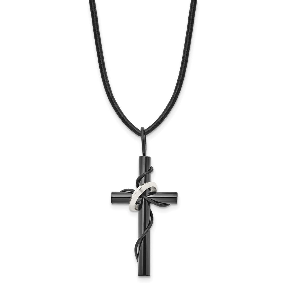 Edelstahl Chisel Poliert Schwarz Ip-beschichtet Kreuz mit Ring auf A 20.5 Zoll Leder Kordel Halskette