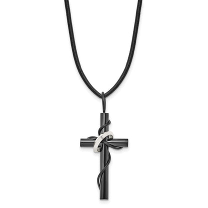 Edelstahl Chisel Poliert Schwarz Ip-beschichtet Kreuz mit Ring auf A 20.5 Zoll Leder Kordel Halskette