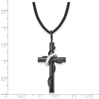 Edelstahl Chisel Poliert Schwarz Ip-beschichtet Kreuz mit Ring auf A 20.5 Zoll Leder Kordel Halskette