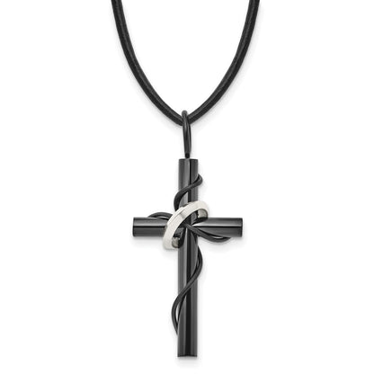 Edelstahl Chisel Poliert Schwarz Ip-beschichtet Kreuz mit Ring auf A 20.5 Zoll Leder Kordel Halskette
