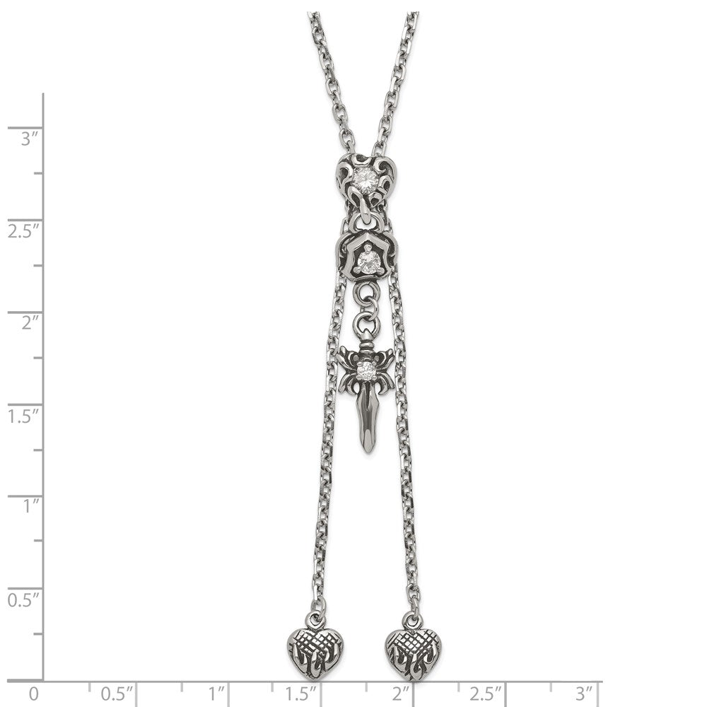 Edelstahl Poliert & Antikisiert Zirkonia Gothic Herzen Sword Verstellbar Halskette