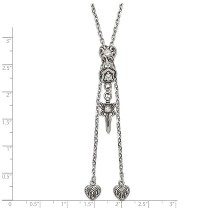 Edelstahl Poliert & Antikisiert Zirkonia Gothic Herzen Sword Verstellbar Halskette