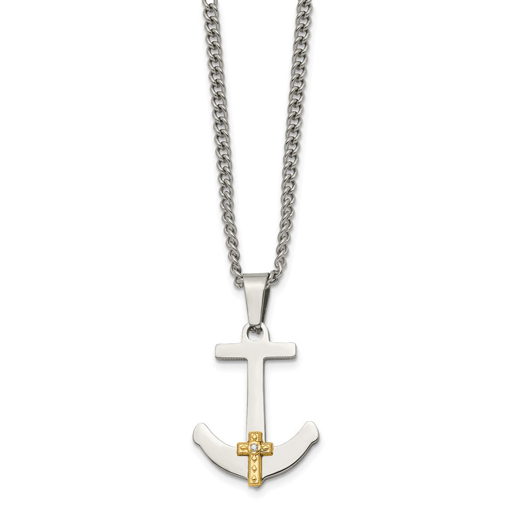 Edelstahl Chisel Poliert mit 14K Gold Und.02 Karat Diamant Anker Marine Kreuz Anhänger auf A 24 Zoll Panzer Halskette
