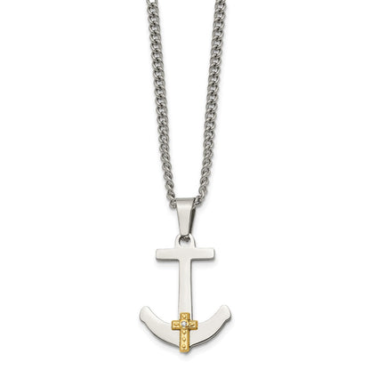 Edelstahl Chisel Poliert mit 14K Gold Und.02 Karat Diamant Anker Marine Kreuz Anhänger auf A 24 Zoll Panzer Halskette