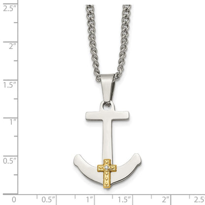 Edelstahl Chisel Poliert mit 14K Gold Und.02 Karat Diamant Anker Marine Kreuz Anhänger auf A 24 Zoll Panzer Halskette