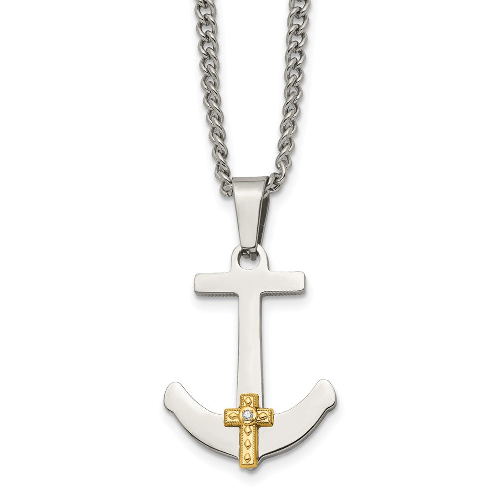 Edelstahl Chisel Poliert mit 14K Gold Und.02 Karat Diamant Anker Marine Kreuz Anhänger auf A 24 Zoll Panzer Halskette