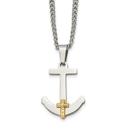 Edelstahl Chisel Poliert mit 14K Gold Und.02 Karat Diamant Anker Marine Kreuz Anhänger auf A 24 Zoll Panzer Halskette