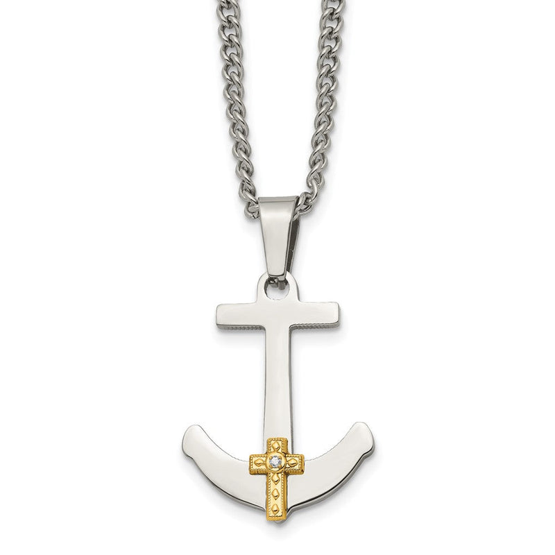 Edelstahl Chisel Poliert mit 14K Gold Und.02 Karat Diamant Anker Marine Kreuz Anhänger auf A 24 Zoll Panzer Halskette