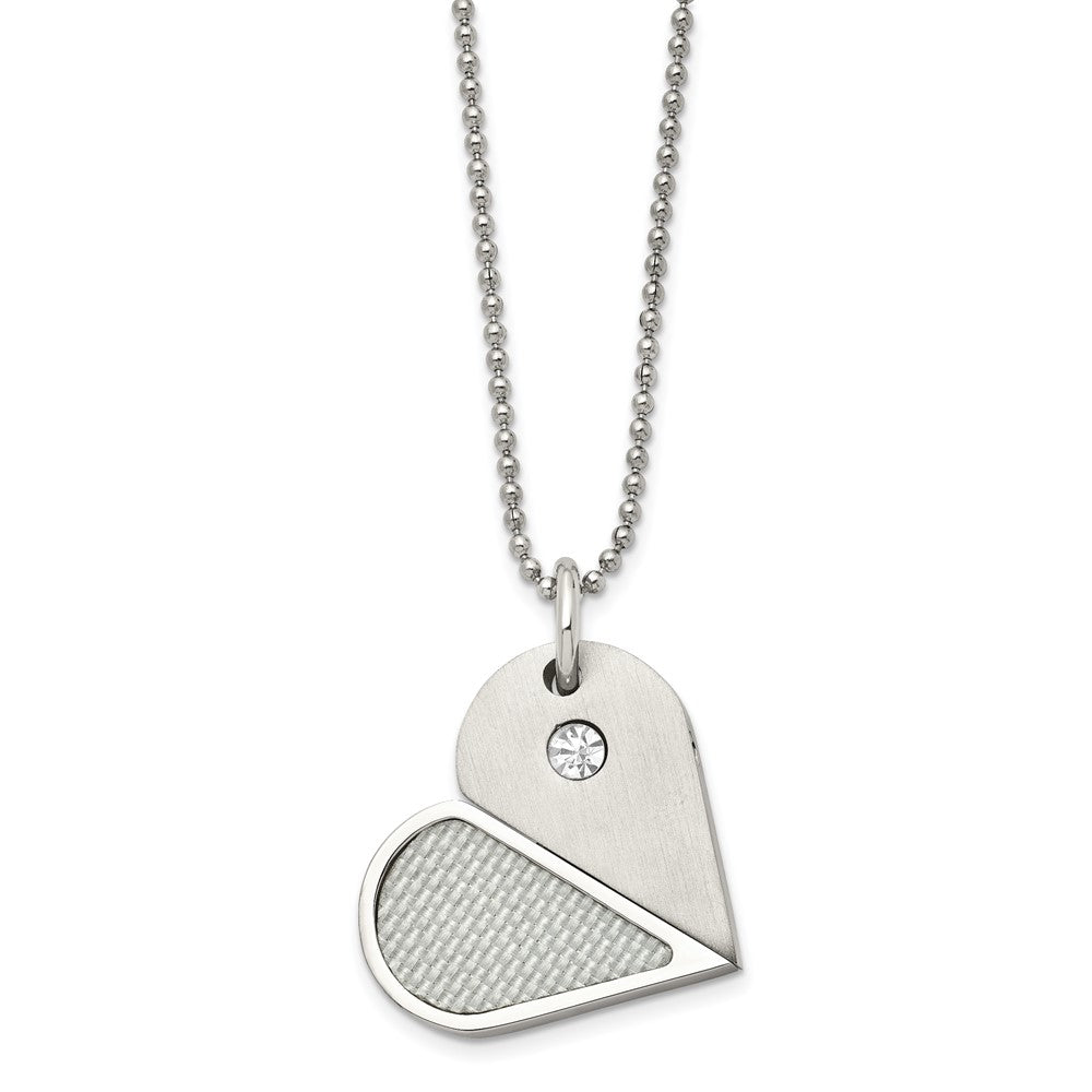 22 Zoll Chisel Edelstahl Gebürstet und Poliert mit Zirkonia Karbon Faser Einlage Movable Dogtag/heart Anhänger auf A in Kugel Halskette