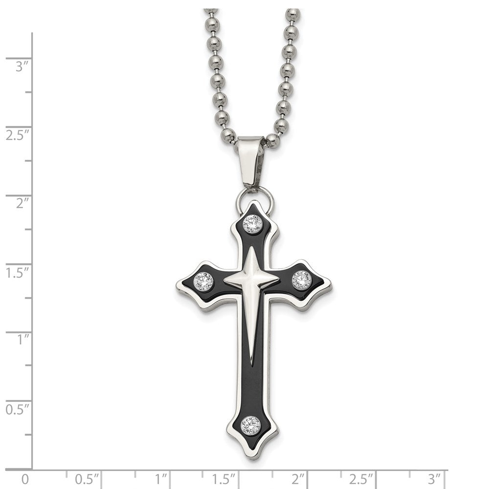 Edelstahl Chisel Poliert Schwarz Ip-beschichtet mit Zirkonia Kreuz Anhänger auf A 20 Zoll Kugel Halskette
